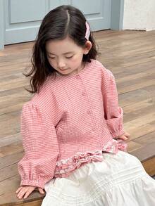 Dazy Kids Young Girl Casual Everyday Plaid Ruffle Front Button Jacket - Pink - View 6