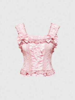 ROMWE EDITION Women's Contrast Lace Ruffle Bowknot Strap Camisole