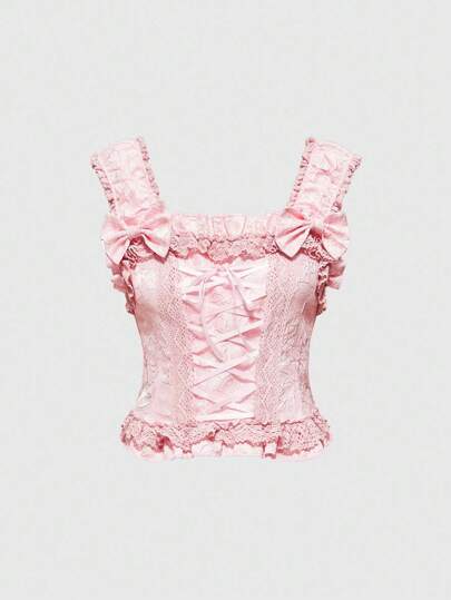 EDITION Camiseta de tirantes con volantes de encaje y lazo en contraste para mujer