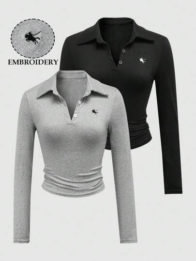 INAWLY 2 件女式休闲长袖黑灰色刺绣 Polo 领 T 恤，户外修身款