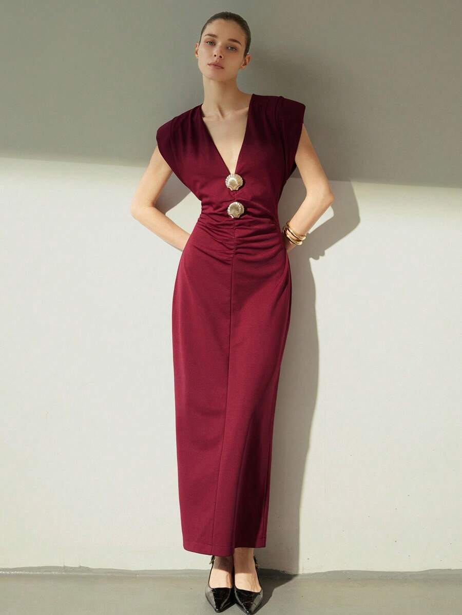 GENKIRA Elegant Vintage Red Long Dress, Sexy & Chic V-Neck Bodycon ...