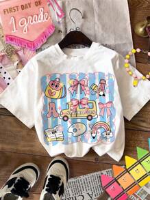 SHEIN Áo thun ngắn tay họa tiết hoạt hình dễ thương cho bé gái, phù hợp cho mùa hè, hoạt động ngoài trời, thoải mái, lớp áo mùa thu cho trẻ em, phong cách thời trang, trang phục thường ngày, hình ảnh hoạt họa cho trẻ em, chuẩn bị cho năm học mới. - trắng - Xem 3