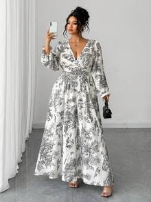 Elenzga Đầm Maxi dáng ôm dáng thanh lịch, duyên dáng, tối giản, cổ chữ V, tay dài, viền bèo, thắt lưng, dáng ôm, cỡ lớn, mùa xuân/thu dành cho nữ - Nhiều màu - Xem 5