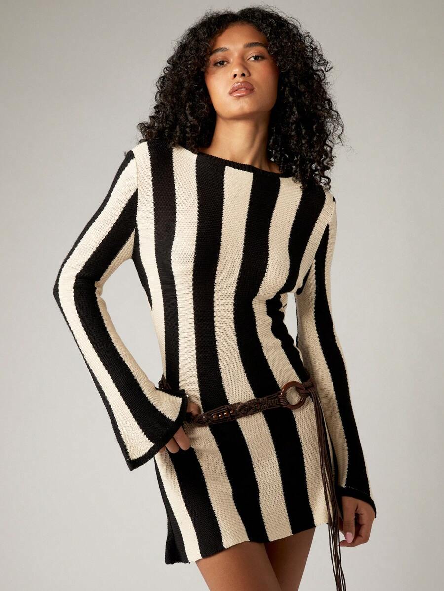 AiiRZ 条纹针织迷你连衣裙长款喇叭袖秋冬紧身毛衣连衣裙复古时尚个性连衣裙派对节日俱乐部之夜 - 彩色 - 查看 1