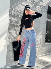 Tween Girls' Wide Leg Jeans, Street-Style Cool & Fashionable Casual College Look, Light Blue Washed Denim With Red + Black English Graphic Print For Edgy Vibe, Relaxed Fit Hides Flaws, Elastic Waistband For Comfort, Suitable For Daily Outings, Dates, Leisure Activities, Back To School Season, Vacations, A Versatile Fashion Piece For Year-Round Wear - Light Wash - View 5