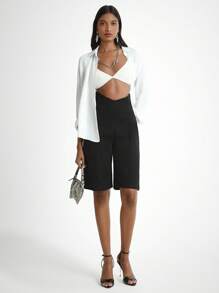 Daynim 女士休闲高腰V型黑色牛仔短裤 - 黑色 - 查看 3