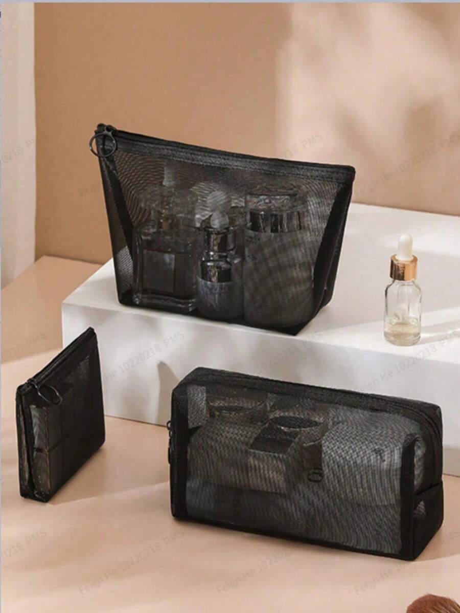 1 túi/3 túi lưới đựng đồ trang điểm di động, túi đựng đồ trang điểm đa năng và đơn giản, túi đựng mỹ phẩm dạng lưới, túi đựng đồ trang điểm du lịch di động có khóa kéo, túi đựng đồ vệ sinh cá nhân cho gia đình, văn phòng, phụ kiện du lịch cho lễ hội Halloween và Giáng sinh, quà tặng Giáng sinh cho ngày lễ, phong cách Boho - màu đen - Xem 1