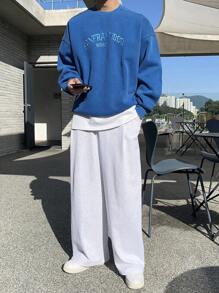 DAZY Men's Autumn Letter Embroidery Pullover Baggy Sweatshirt - Blue - View 3