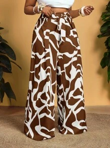 Slaydiva Plus Size Fashion Casual All-Over Print Drawstring Waist Loose Pants,Fall Clothes For Women - Brown - View 6