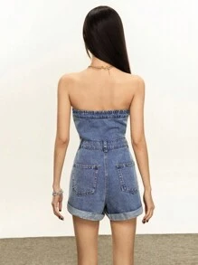 Rina Fox 女式休闲优雅牛仔背带裤和连体裤 - 藍色 - 查看 2