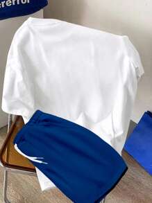 Manfinity Joysei Men's Fitted Knit Top And Woven Shorts Set, Casual Minimalist California Slogan Pattern, Drawstring And Elastic Waist Design, Cozy Outfits