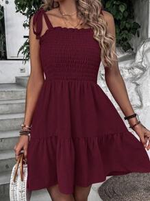 Breezaya Solid Color Shirred Knot Ruffle Hem Camisole Dress, Summer Summer Dress