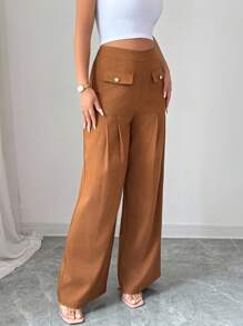 Elenzga Pantalones de traje elegantes para mujer con decoración de bolsillos, diseño plisado y botones de perla - Caqui - Ver 3