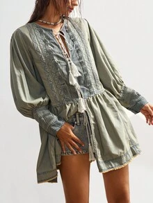 Bohemela Vestido mini de mezclilla tejido de unicolor casual para mujer, blusa bohemia, blusas bohemias, blusas túnica, ropa bohemia, blusas bohemias - Gris - Ver 6