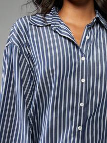 MISSGUIDED Oversized Button Down Collar Shirt Wide Cuff Striped Long Sleeve Office Wear Professional Business Casual Spring Fall Fashion Top Classic Navy White Stripe Pattern