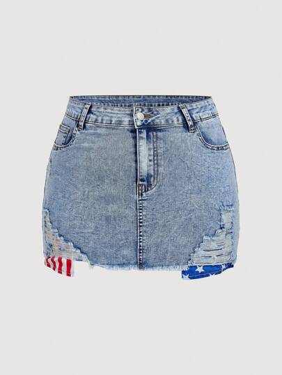 SHEIN MOD Plus Size Women's Casual Street Chic Independence Day American Flag Print Distressed Denim Mini Skirt, Summer,Back To School, American Flag Decorative Baggy Denim Skinny Hip Skirt, Ripped And Distressed,Business Casual Woman,Western Wear Women,Streetwear Skirts,Casual Skirts For Woman,Brunch Outfits For Women,Fall Clothes Plus Size,Back To School Outfits Women,Vintage Clothes Women