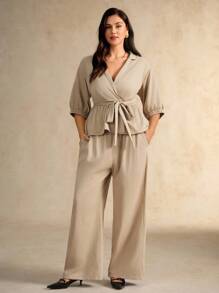 Flouryn Plus Size Women's Solid Color Fashion 2 Pieces Set, Collared Puff Sleeve Cinched Waist Blouse And Casual Wide Leg Pants Suit - Apricot - View 7