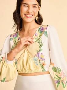 CAJUNI Blusa holgada con estampado floral, cuello en V cruzado, manga larga, adecuada para vacaciones, verano, otoño/invierno, citas, reuniones, playa, vuelta al colegio, ir al trabajo - Multicolor - Ver 7