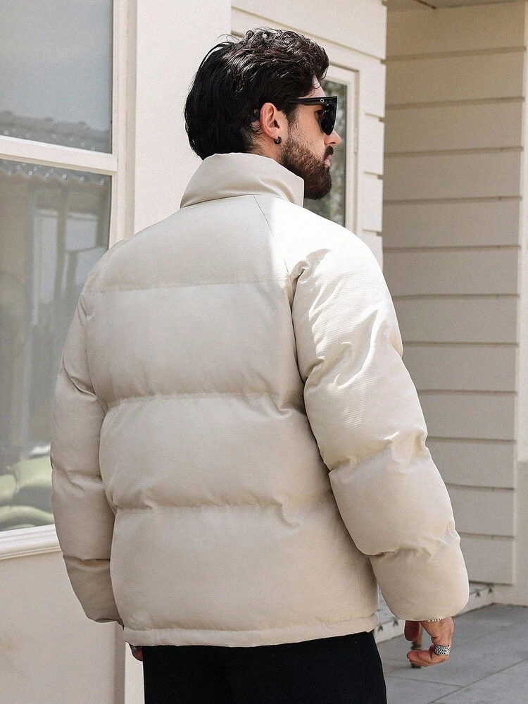 Men's Thick Padded Coat With Letter Print, Textured Fabric, Stand Collar, Winter Jacket