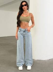 EURMUSE 低腰口袋阔腿牛仔裤 - 中等水洗藍 - 查看 5