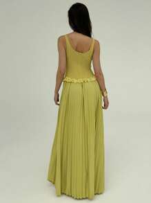 Aloruh Váy xếp ly cổ thấp gợi cảm, viền ren tương phản Jacquard cổ điển mới, màu vàng, ôm sát đường cong, phù hợp cho kỳ nghỉ, hẹn hò và giờ nghỉ trà - Màu Mù tạt vàng - Xem 2