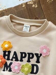 SHEIN Baby Girl Beige Autumn Casual Family Matching Happy Mood Floral Sweatshirt And Black Crisscross Leggings Set,Minimalist Round Neck Pullover Outfit - Apricot - View 5