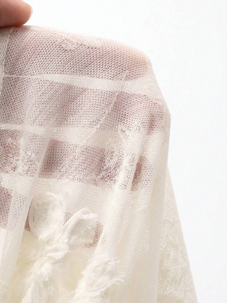 Embroidered Floral Sheer Long Sleeve T-Shirt, Women's Cover Up With Design