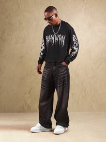 SUMWON Alternativ Gothic Streetwear Langarm T-Shirt in Oversized Passform mit Totenkopf Grafik-Muster, Winter Festival Konzert Punk Rock Stil