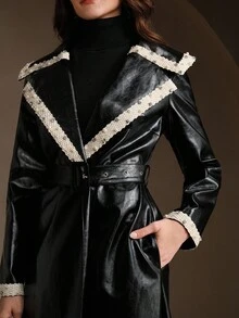 Anewsta 优雅的 PU 夹克，带有蕾丝拼布和水钻装饰，长款，适合秋季、秋季、冬季、外出、优雅、正式、派对、别致、新年、圣诞节、工作、毕业 - 黑色 - 查看 8