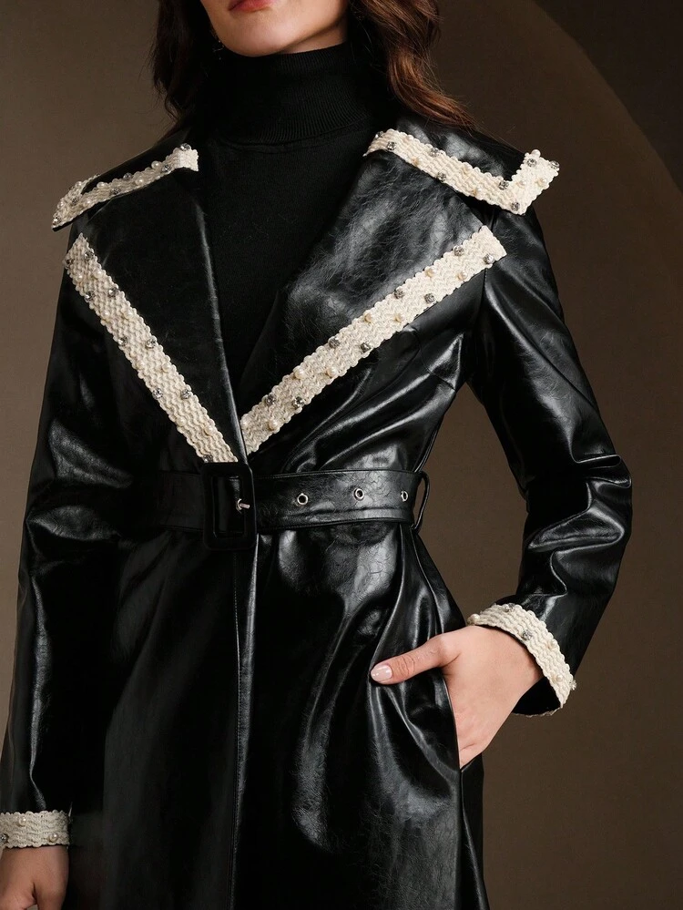 レース パッチワーク とラインストーンのデコレーション エレガントなPUジャケット、ロング丈、秋、冬、お出かけ、エレガント、フォーマル、パーティー、シック、新年、クリスマス、仕事、卒業式に適しています