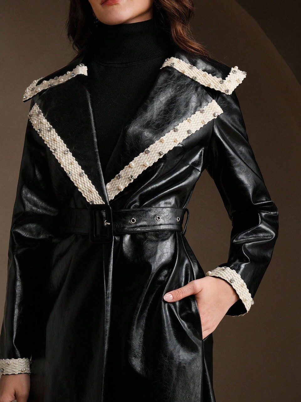 Elegant PU Jacket With Lace Patchwork Rhinestone,Long Style Black And White,Autumn,Elegant,Night Out For Winter,,Formal,Party,Chic,Christmas
