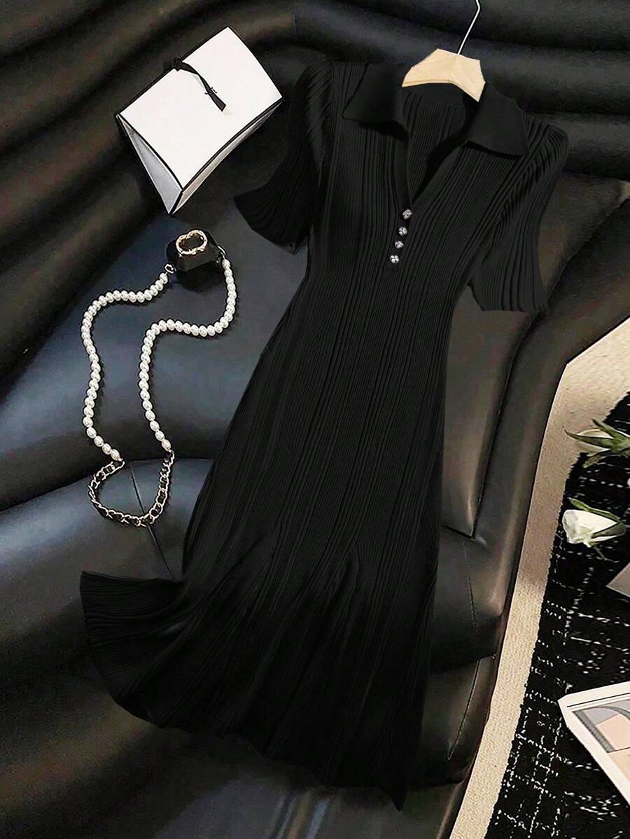 Franclia Váy dệt kim Maxi tay ngắn màu trơn thanh lịch dành cho nữ, Quần áo len dệt kim mùa hè cho trường đại học - màu đen - Xem 1