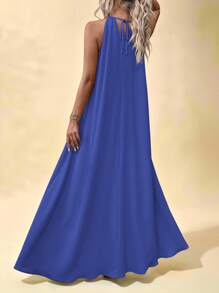 Vesra 女士海滩夏季简约纯色锁孔领口露背吊带连衣裙超长度假海滩装 - 寶藍色 - 查看 2