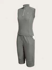 SHEIN Sports Women's Stand Collar Half Zip Front Sleeveless Vest And Knee-Length Shorts Outdoor Set - Grey - View 1