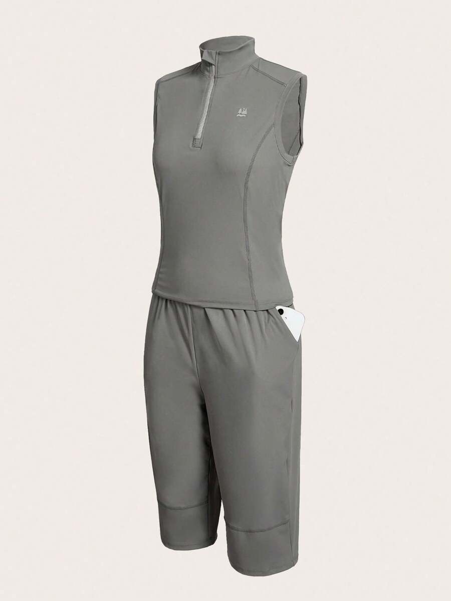 SHEIN Sports Women's Stand Collar Half Zip Front Sleeveless Vest And Knee-Length Shorts Outdoor Set - Grey - View 1