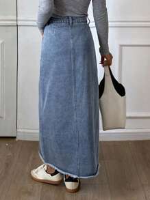 Livesso 女士夏季毛边宽松休闲牛仔半身裙 - 藍色 - 查看 2