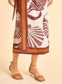 CAJUNI 女士度假棕色和橙色撞色饰边贝壳印花扭纹后背褶饰系带连衣裙，适合暑假、约会、派对、海滩、返校 - 彩色 - 查看 6