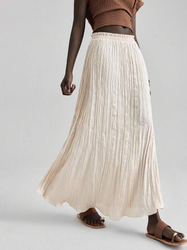 Ontre 2pcs 2025 Summer Women's Solid Color Paper Bag Waist Fashion Long Casual Skirt, Suitable For Independence Day, St. John's Day, Beach, Vacation, Graduation, Office, Beach Party, Cocktail Party, Holiday Style, Pleated, Ruffled, Skirt Long Summer Skirt White Long Skirt Cream Skirt Womens Long Skirts White Boho Skirt