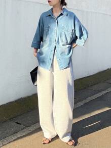 FRIFUL 女士蝙蝠袖单排扣宽松休闲口袋牛仔衬衫长袖 - 藍色 - 查看 6