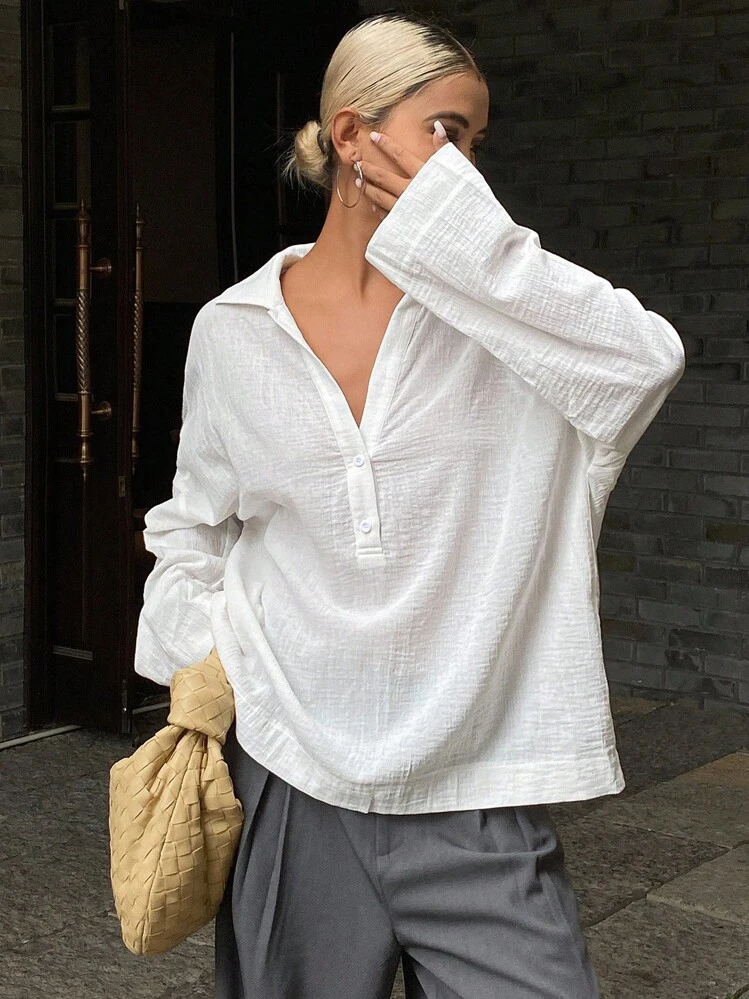 DAZY Solid Color Loose Long Sleeve Pullover Casual Vintage Blouse For Women, Autumn,Fall Women Clothes - White - View 4