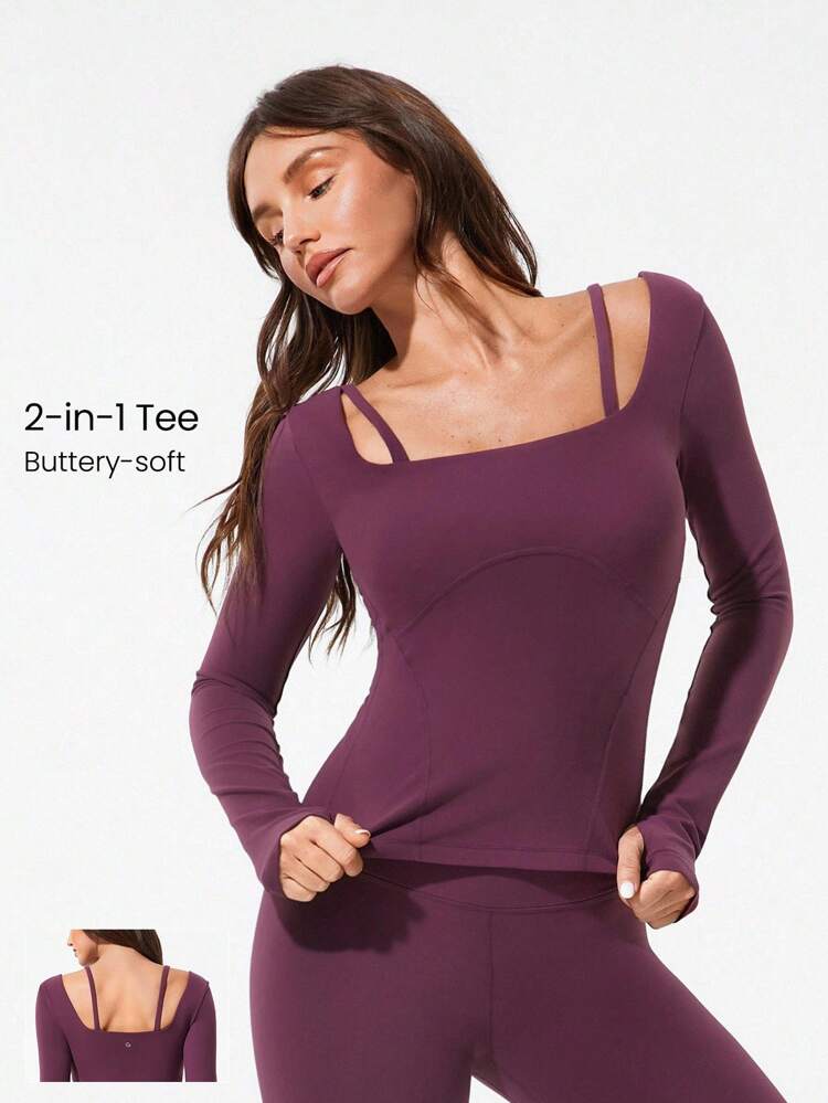 FeatherFit™ レイヤープレイヤー モックコントラストストラップ ヒップ丈ウエストシェイピング 長袖トップ ローインパクトヨガ ピラティス バー ジム スタジオ デイリーカジュアルウェア