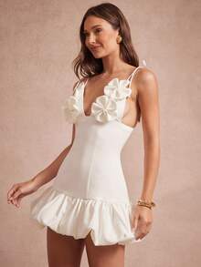 L'Amorae Vestido de verano formal mini con detalle de flor 3D, tirantes finos con lazo y escote bajo - Blanco - Ver 4