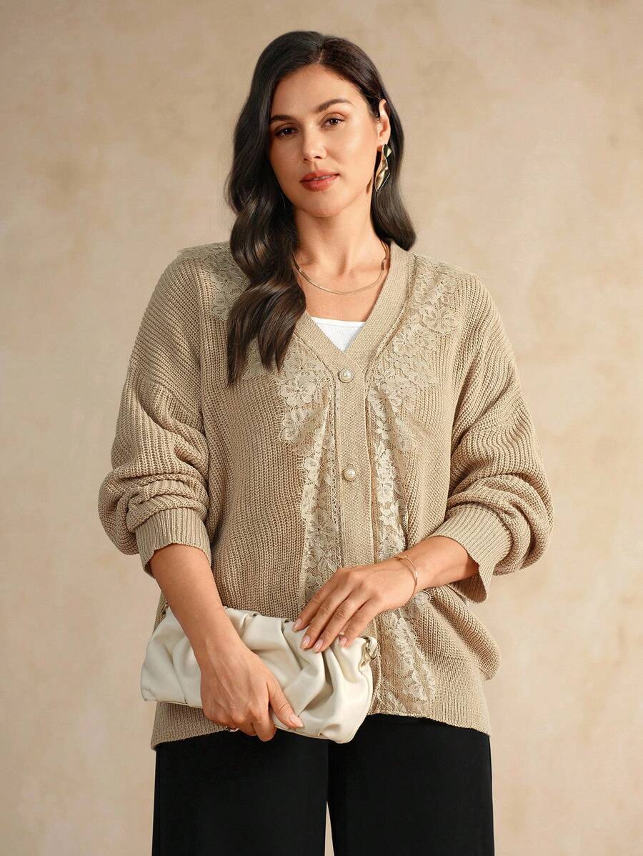 Flouryn Plus Size Elegant Commuter Solid Color Lace Trim Cardigan Fall Winter Cloth For Women Autumn - Khaki - View 1