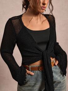 Freevana Plus Size Women Solid Color Flare Sleeve Front Tie Cardigan Black Mesh Top Sheer Cardigan Front Tie Top Black See Through Top Bolero Shrug Halloween Going Out Outfits Mesh Top Knitted Sweater School Teacher Outfits For Women Western Vintage Winter Fall Clothes Plus Size Boho Old Money Winter Outfits For Women Autumn - Black - View 4