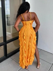 Alexandranx Women's Vacation Solid Color Ruffle Hem Split High Low Cami Dress - Yellow - View 2