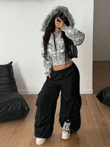 Coolane 女式冬季嬉皮乡村音乐会街头风格垃圾摇滚复古树枝图案温暖/寒冷天气/保暖加厚毛绒领拉链绗缝大衣