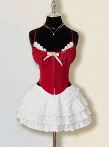 SHEIN ICON 女式鱼骨文胸上衣和褶皱荷叶边下摆裙两件套，性感唇彩蛋糕裙适合派对、生日、休闲装、秋冬季女装 - 紅白色 - 查看 1