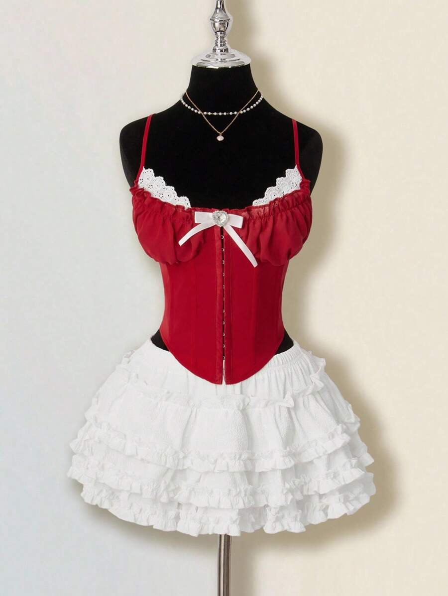 SHEIN ICON 女式鱼骨文胸上衣和褶皱荷叶边下摆裙两件套，性感唇彩蛋糕裙适合派对、生日、休闲装、秋冬季女装 - 紅白色 - 查看 1