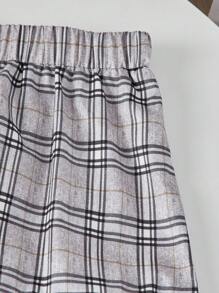 SHEIN 少女 2 件套泡泡袖纯色上衣和格子印花分层下摆裙，优雅，夏季，珍珠装饰领口，简约风格 - 黑與白 - 查看 5