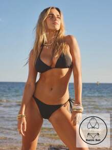 Aralina Bộ bikini tam giác buộc cổ hở in họa tiết có đính hạt ở đuôi, kỳ nghỉ hè ở bãi biển - màu đen - Xem 5